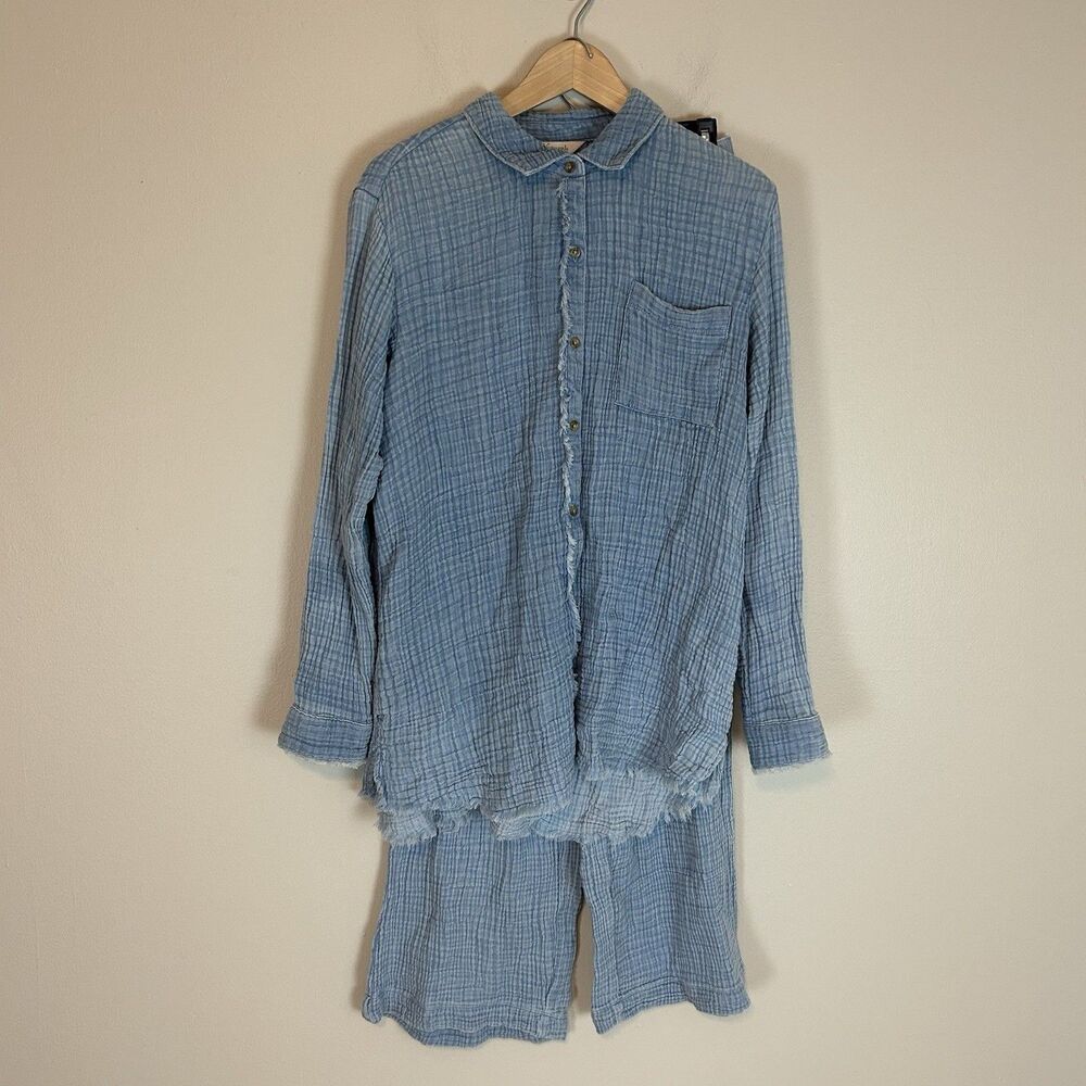 Gauze Pajama Lounge Set Shirt Pants Beach Wide Leg Cotton Tunic Button Up